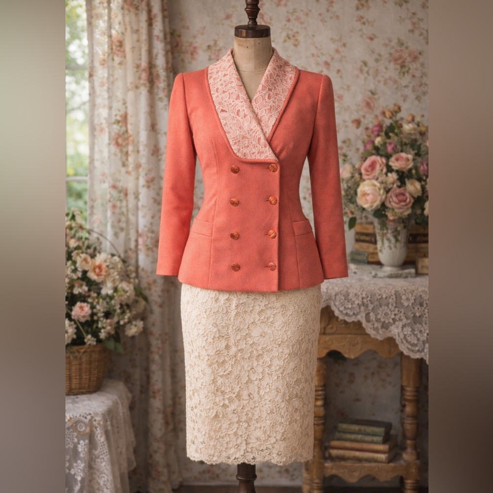 Vintage 1960s Custom Tailored Peach, Lace, Double Breasted Blazer